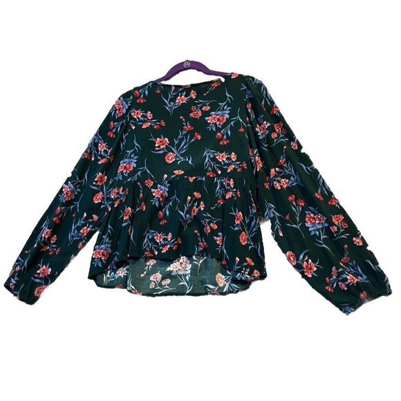 American Eagle Womens Size Large Boho Blue Floral Tie Front Blouse Top Cottage - Picture 2 of 8